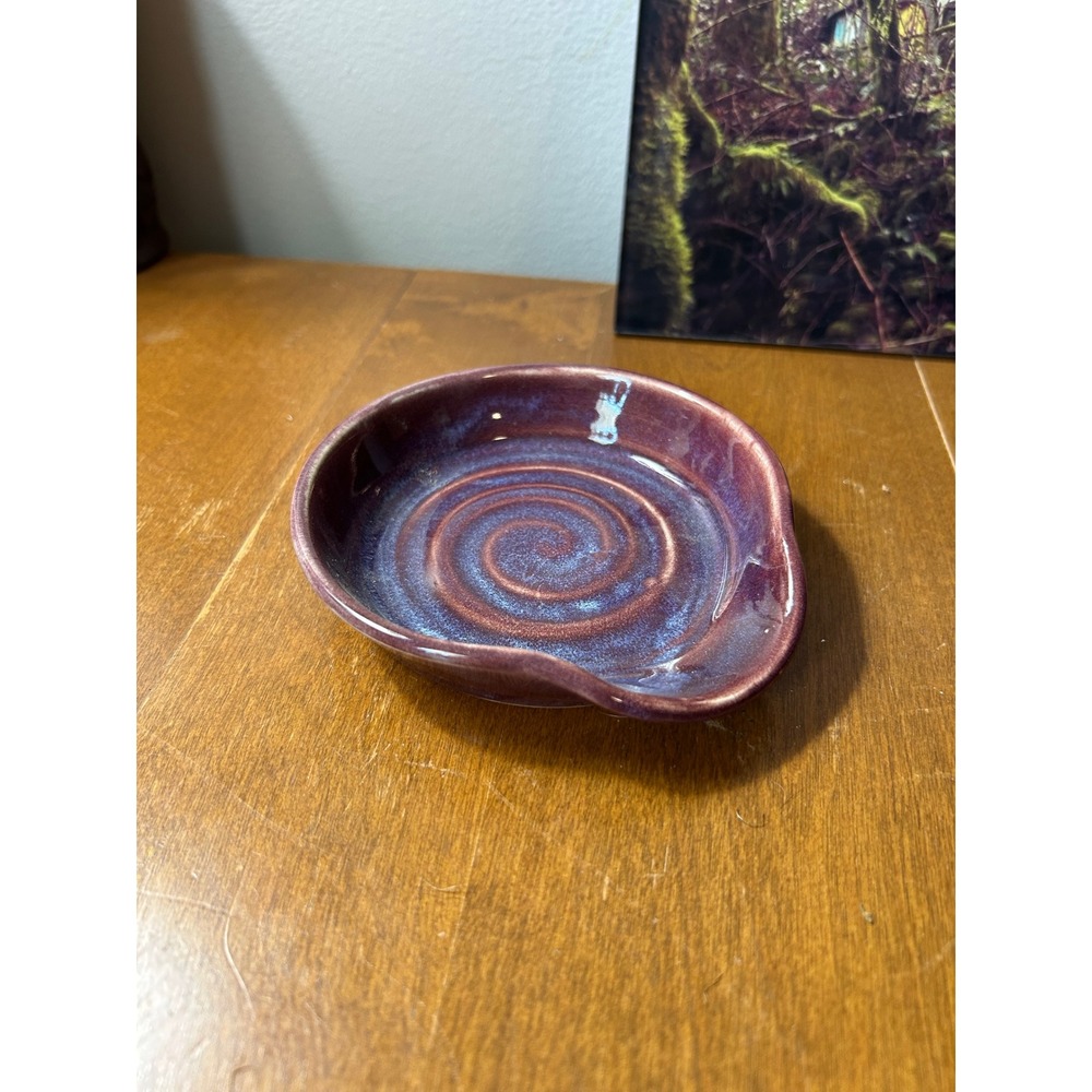 Studio Pottery Ceramic Spoon Rest Plum Purple Blue Spiral Artist Signed